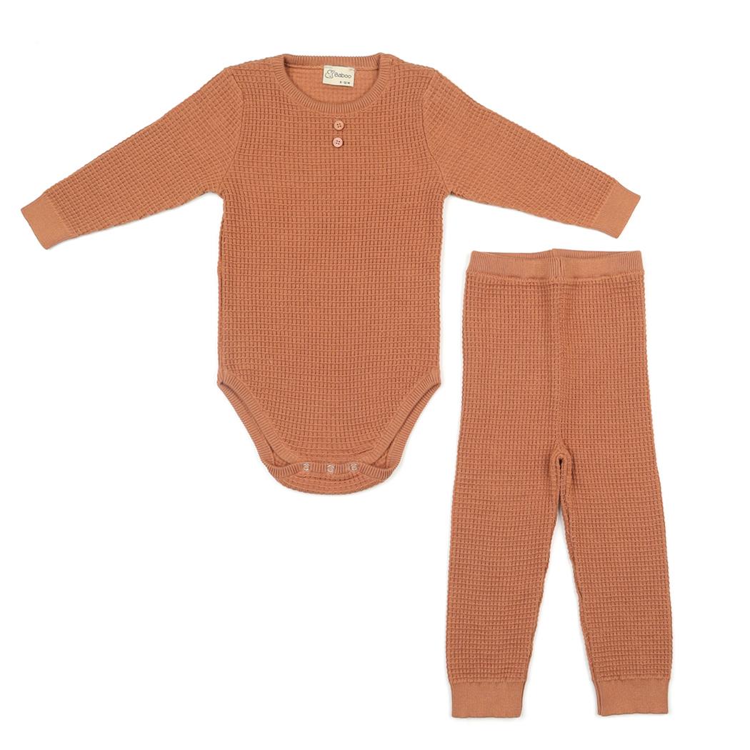 Waffle Organic Cotton Top - Bottom Baby Set Brown - EFENDINA PAZAR - BABOO - 8682291519830