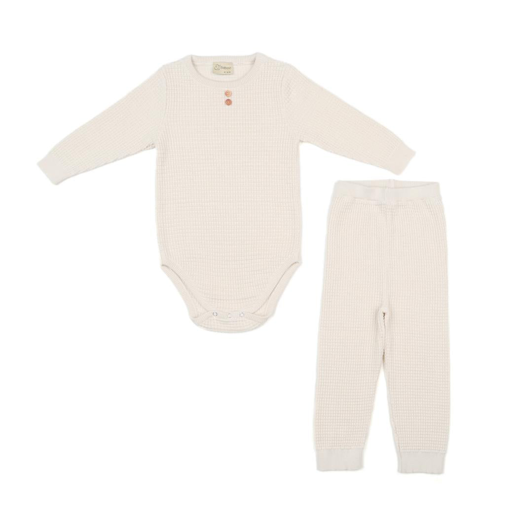 Waffle Organic Cotton Top - Bottom Baby Set Cream - EFENDINA PAZAR - BABOO - 8682291519939