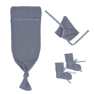 Waffle Swaddle Blanket Beanie Booties Gift Set Blue - EFENDINA PAZAR - BABOO - 8691810009240