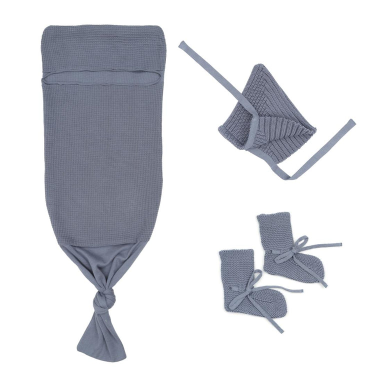 Waffle Swaddle Blanket Beanie Booties Gift Set Blue - EFENDINA PAZAR - BABOO - 8691810009240