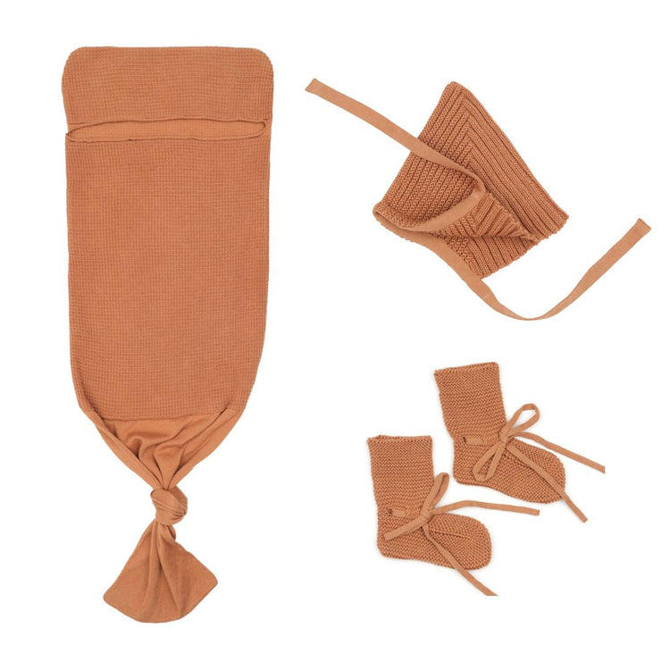 Waffle Swaddle Blanket Beanie Booties Gift Set Brown - EFENDINA PAZAR - BABOO - 8691810009622