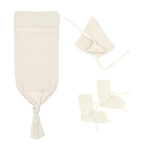 Waffle Swaddle Blanket Beanie Booties Gift Set Cream - EFENDINA PAZAR - BABOO - 8691810008441