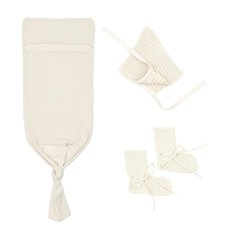 Waffle Swaddle Blanket Beanie Booties Gift Set Cream - EFENDINA PAZAR - BABOO - 8691810008441