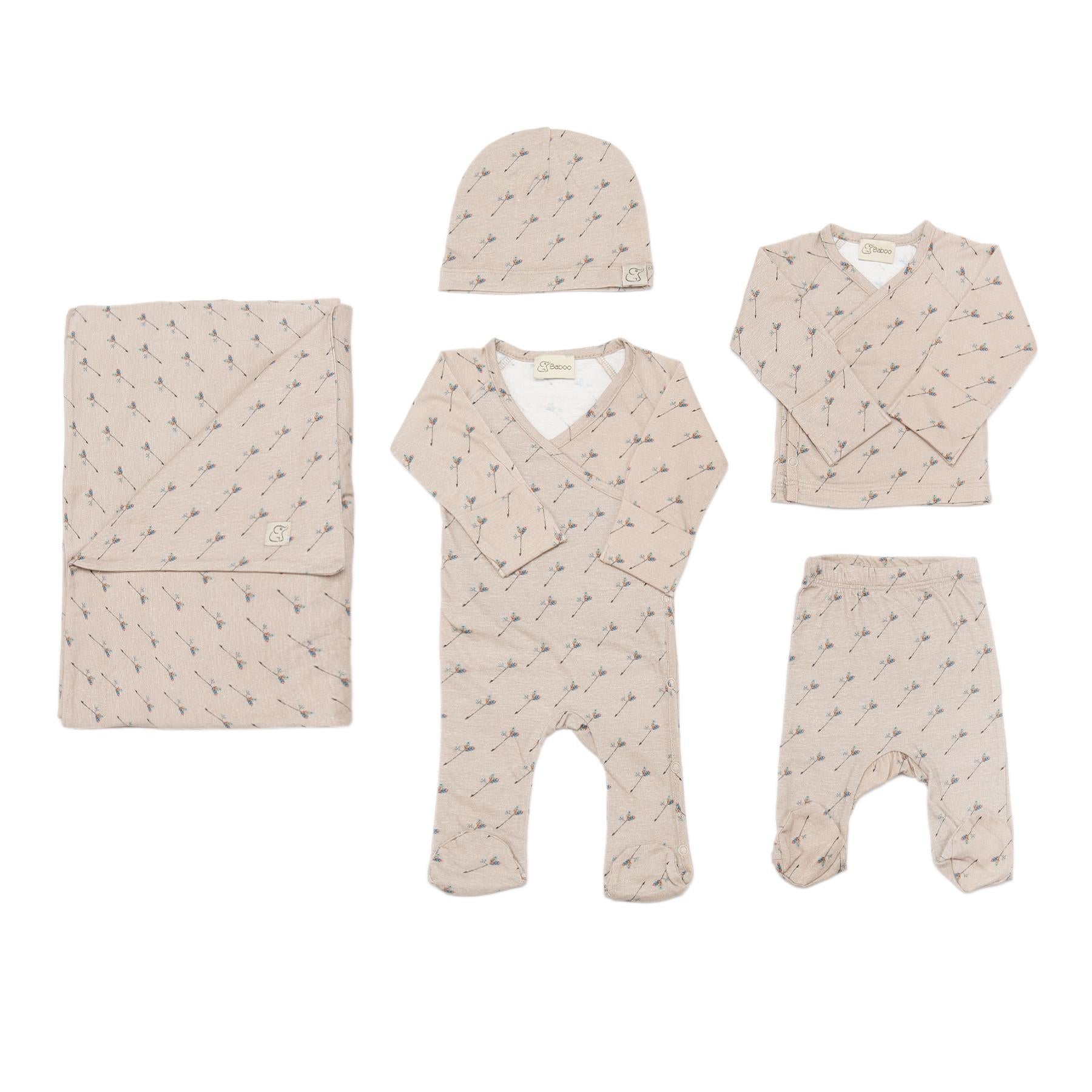 Newborn Patterned Organic Cotton Hospital Release Set of 5 Brown