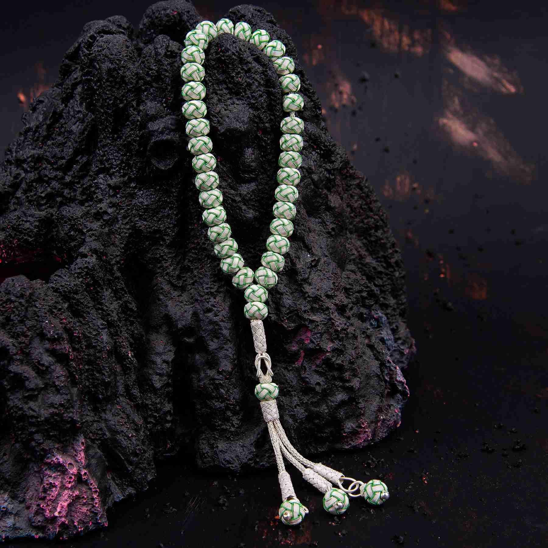1000 Sterling Silver Kazaz Knitted Green White Fan Prayer Beads 1