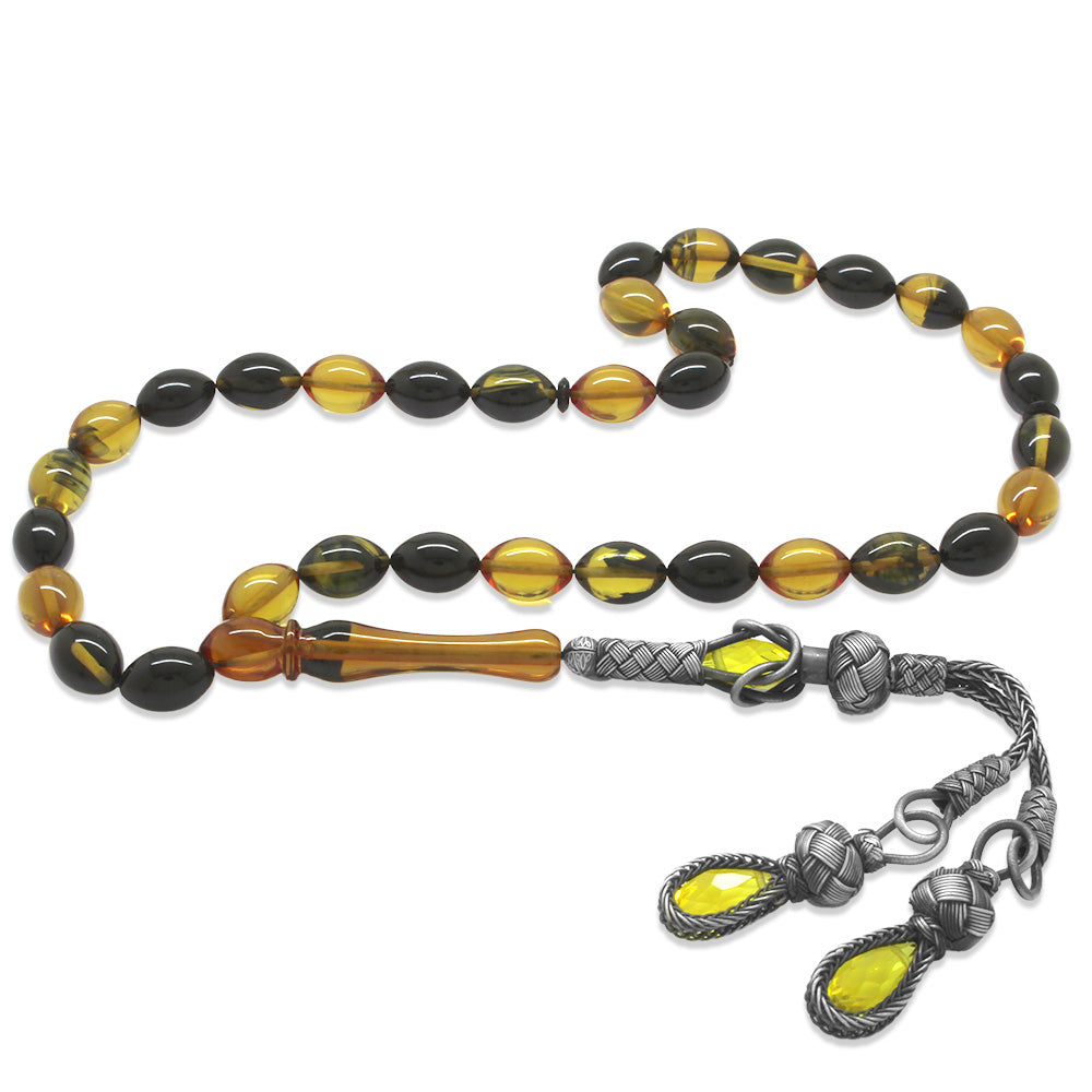 Silver Kazaz Tasseled Yellow-Black Fire Amber Rosary