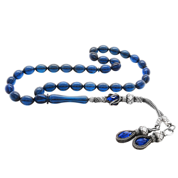 1000 Sterling Silver Kazaz Tasseled Dark Blue Amber Rosary