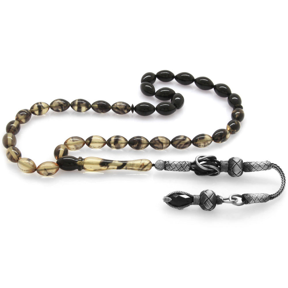 1000 Sterling Silver White-Black Amber Rosary