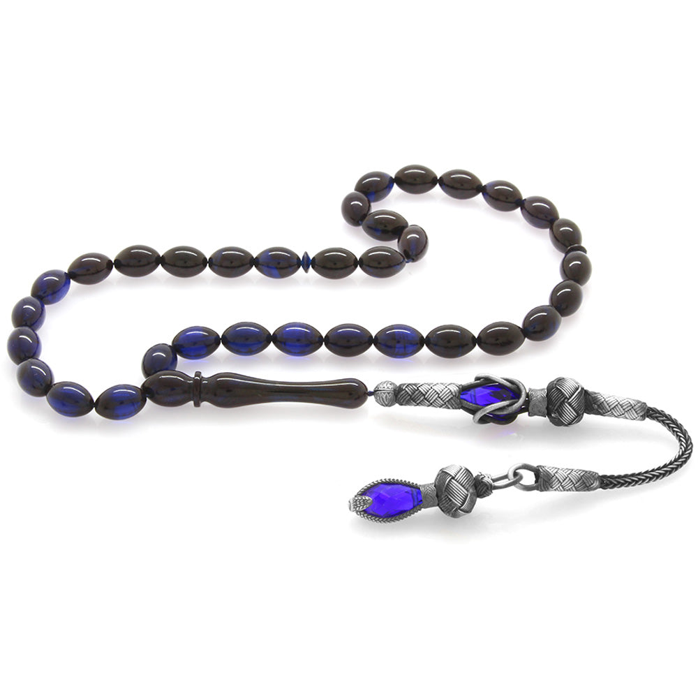 1000 Sterling Silver Kazaz Tasseled Barley Cut Blue-Black Squeezed Amber Prayer Beads