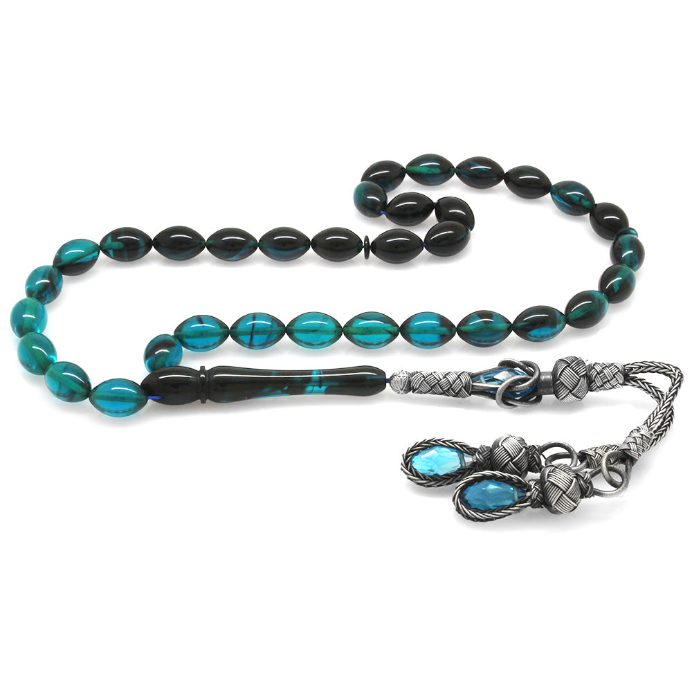 1000 Sterling Silver Turquoise-Black Amber Rosary