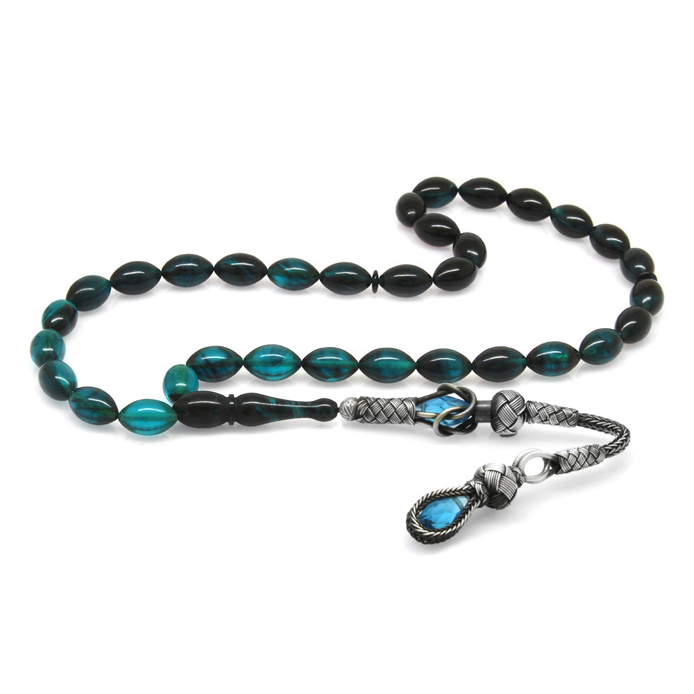 1000 Sterling Silver Turquoise-Black Amber Rosary