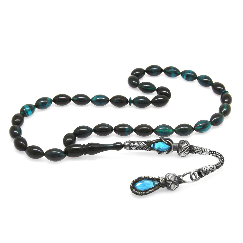 Silver Kazaz Tasseled Turquoise-Black Amber Rosary