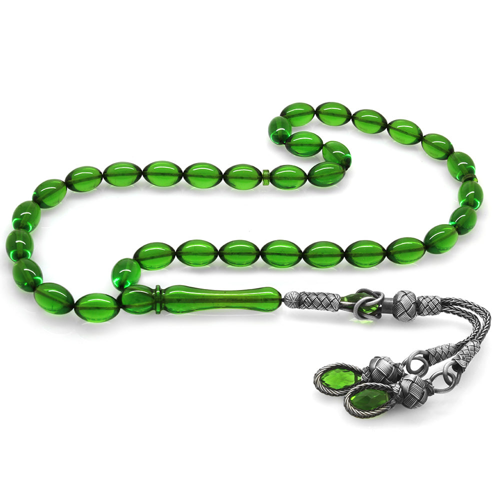 1000 Sterling Silver Kazaz Tasseled Green Amber Rosary