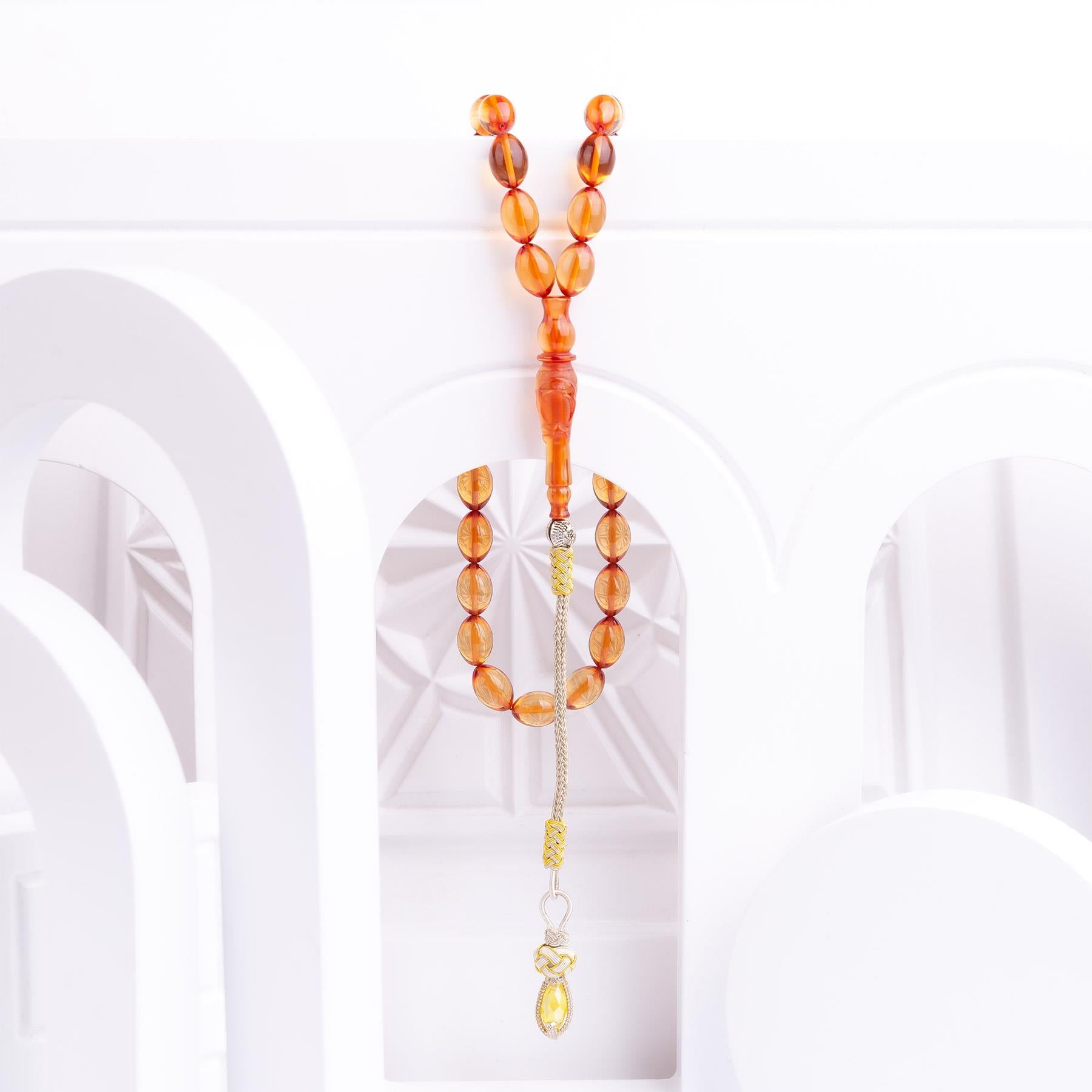  1000 Carat Silver Plain Cut Fire Amber Rosary with Kazaz Tassels 