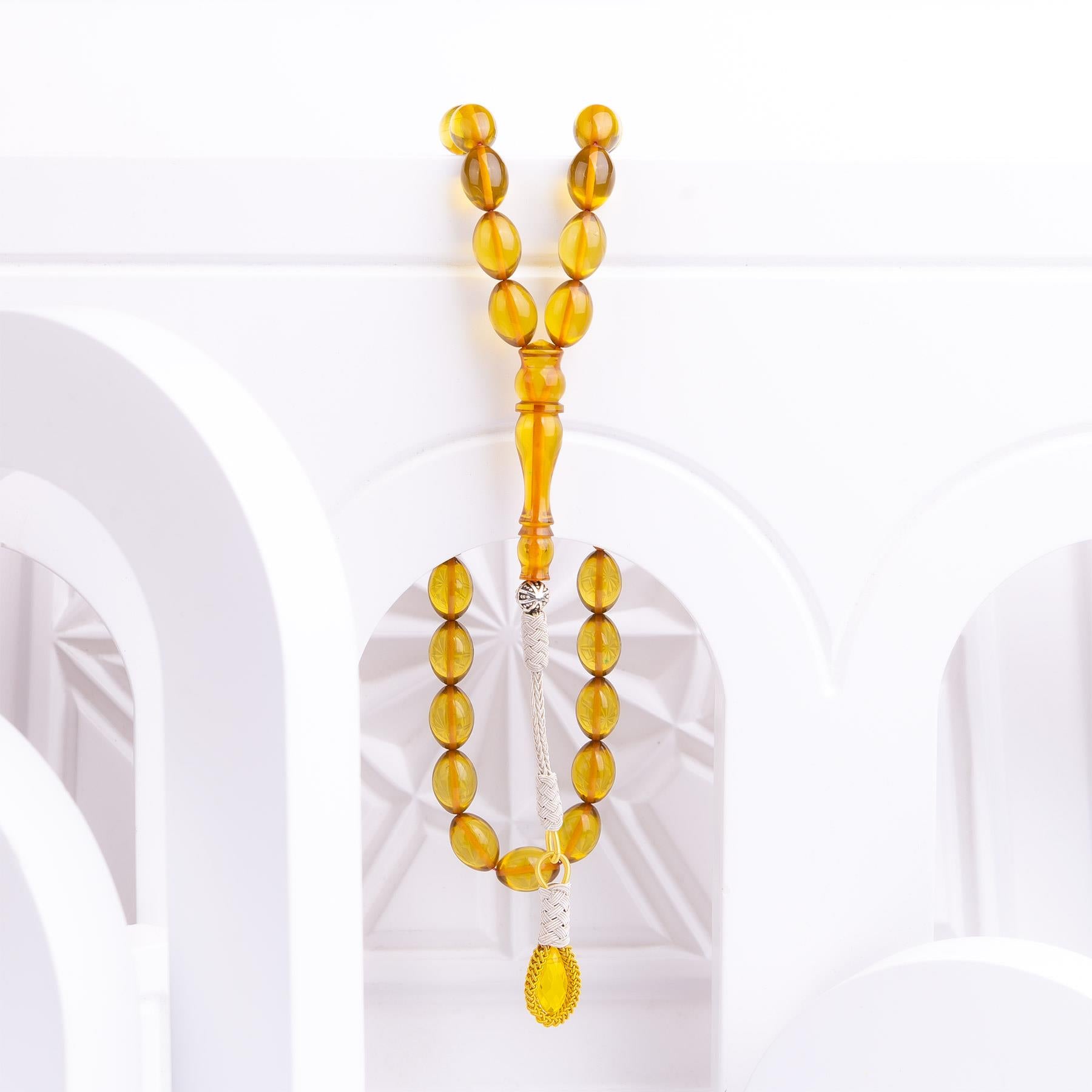 1000 Carat Silver Plain Cut Fire Amber Rosary with Kazaz Tassels 2