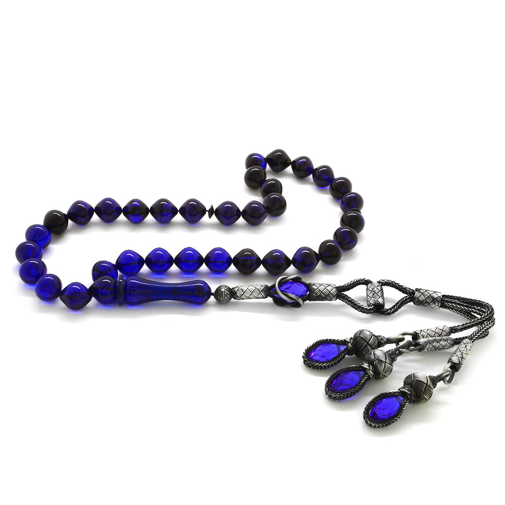 Silver Kazaz Tassels Blue-Black Pressed Amber Rosary