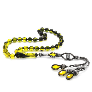 1000 Carat Silver Tassel Yellow-Black Fire Amber Rosary