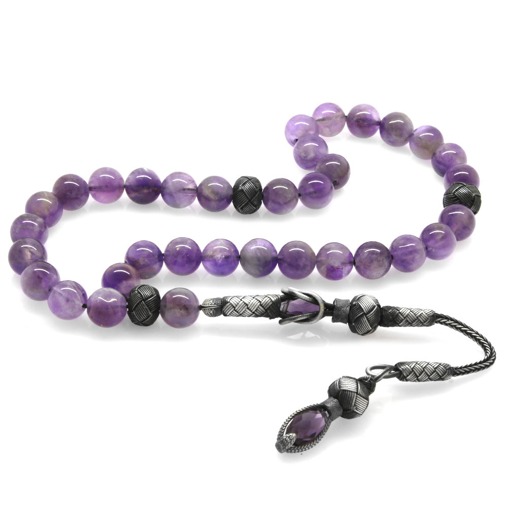 1000 Sterling Silver Sphere Cut Amethyst Natural Stone Prayer Beads with Kazaz Tassels
