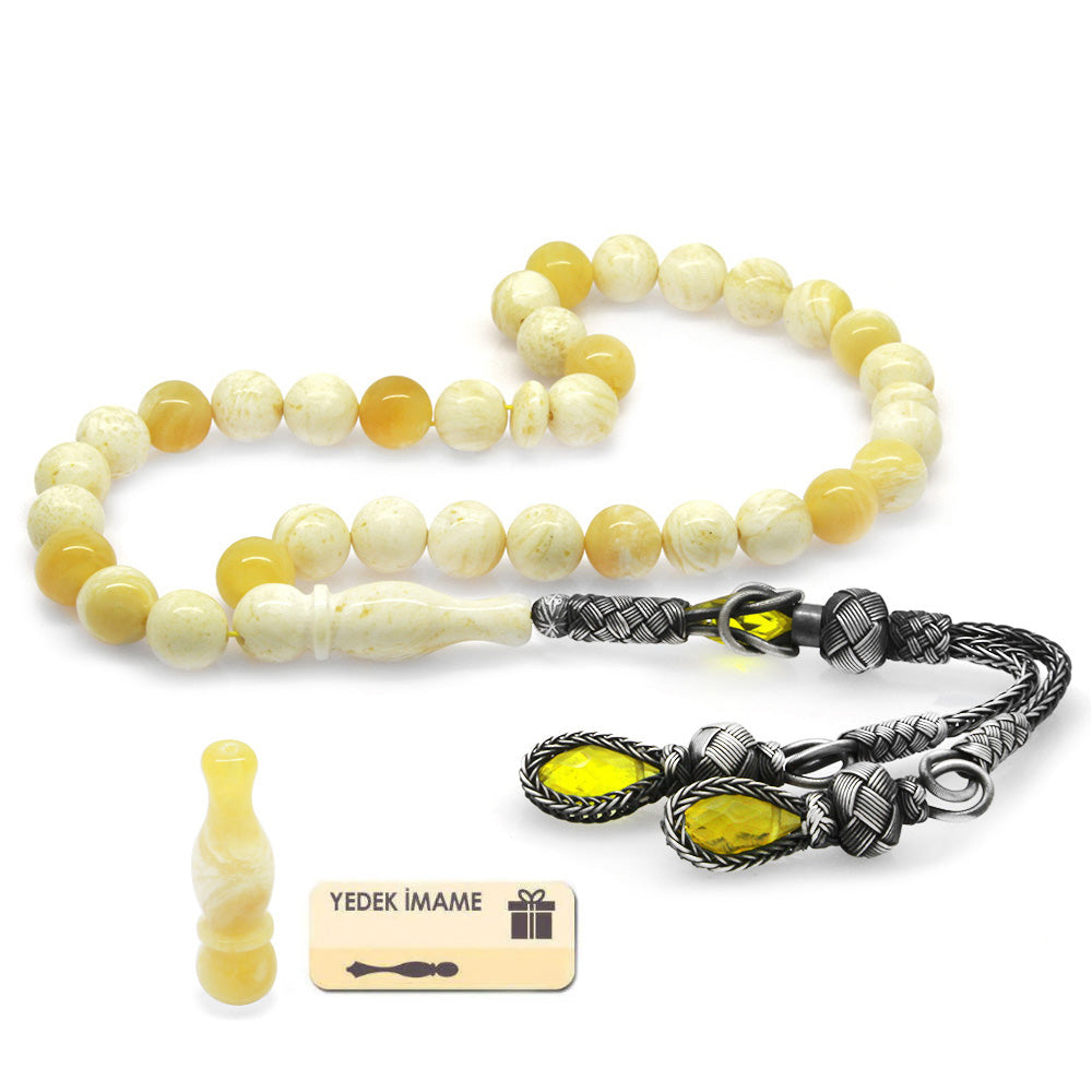 Silver Tasseled King Seccer Yellow-White Moire Amber Rosary