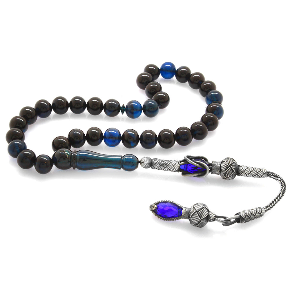 1000 Sterling Silver Kazaz Tasseled Sphere Cut Blue-Black Pressed Amber Prayer Beads