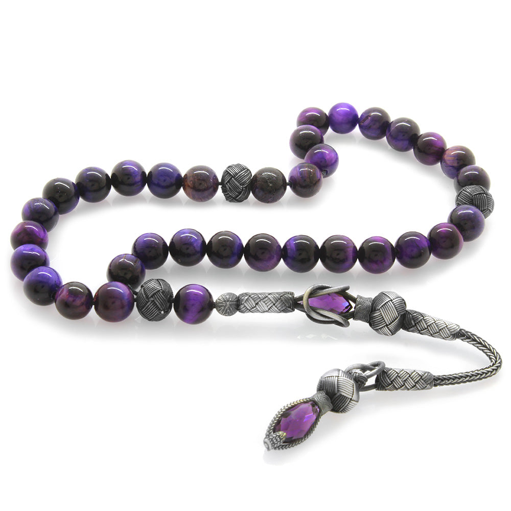 1000 Sterling Silver Sphere Cut Purple Tiger&#39;s Eye Natural Stone Prayer Beads with Kazaz Tassels
