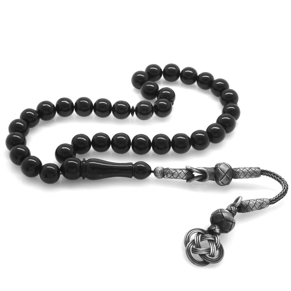 1000 Sterling Silver Kazaz Tasseled Sphere Cut Black Crimped Amber Prayer Beads