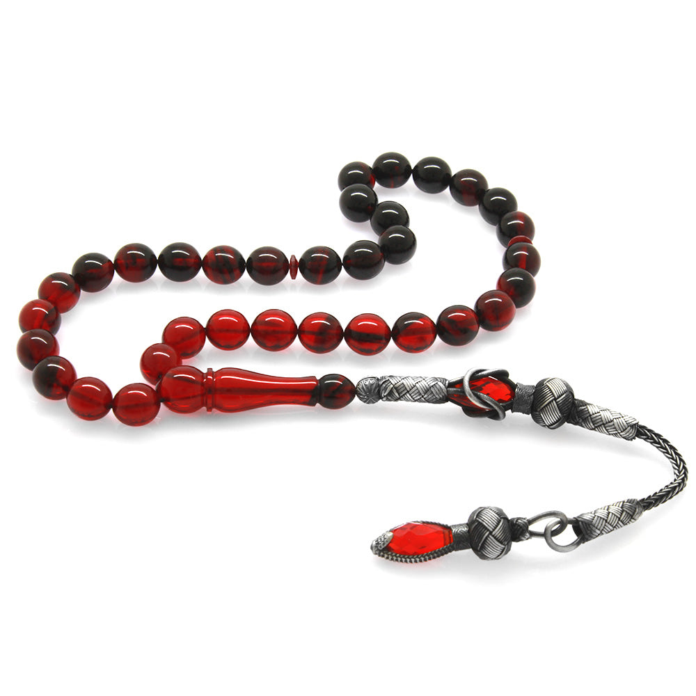 1000 Sterling Silver Sphere Cut Filtered Red-Black Fire Amber Rosary with Kazaz Tassels