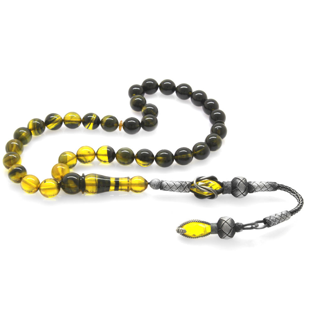 1000 Sterling Silver Kazaz Tasseled Sphere Cut Filtered Yellow-Black Fire Amber Rosary