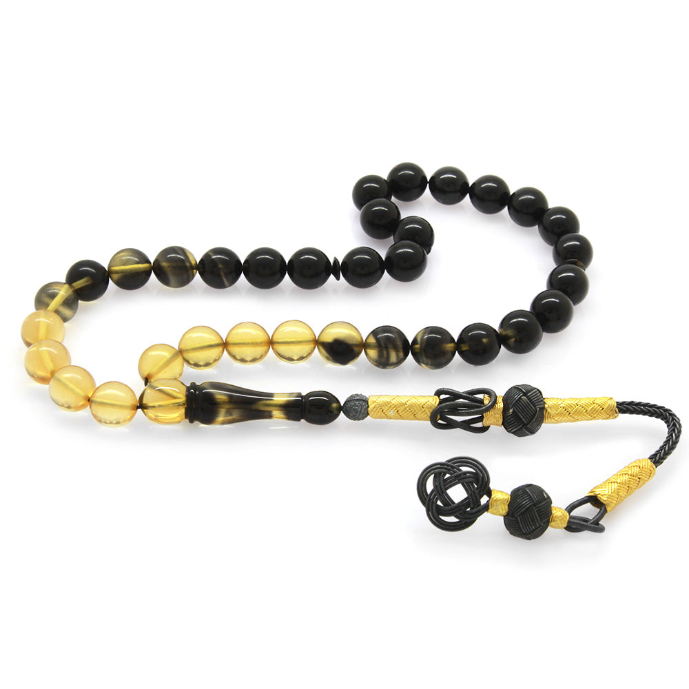 1000 Sterling Silver Sphere Cut Filtered Black-White Fire Amber Rosary with Kazaz Tassels