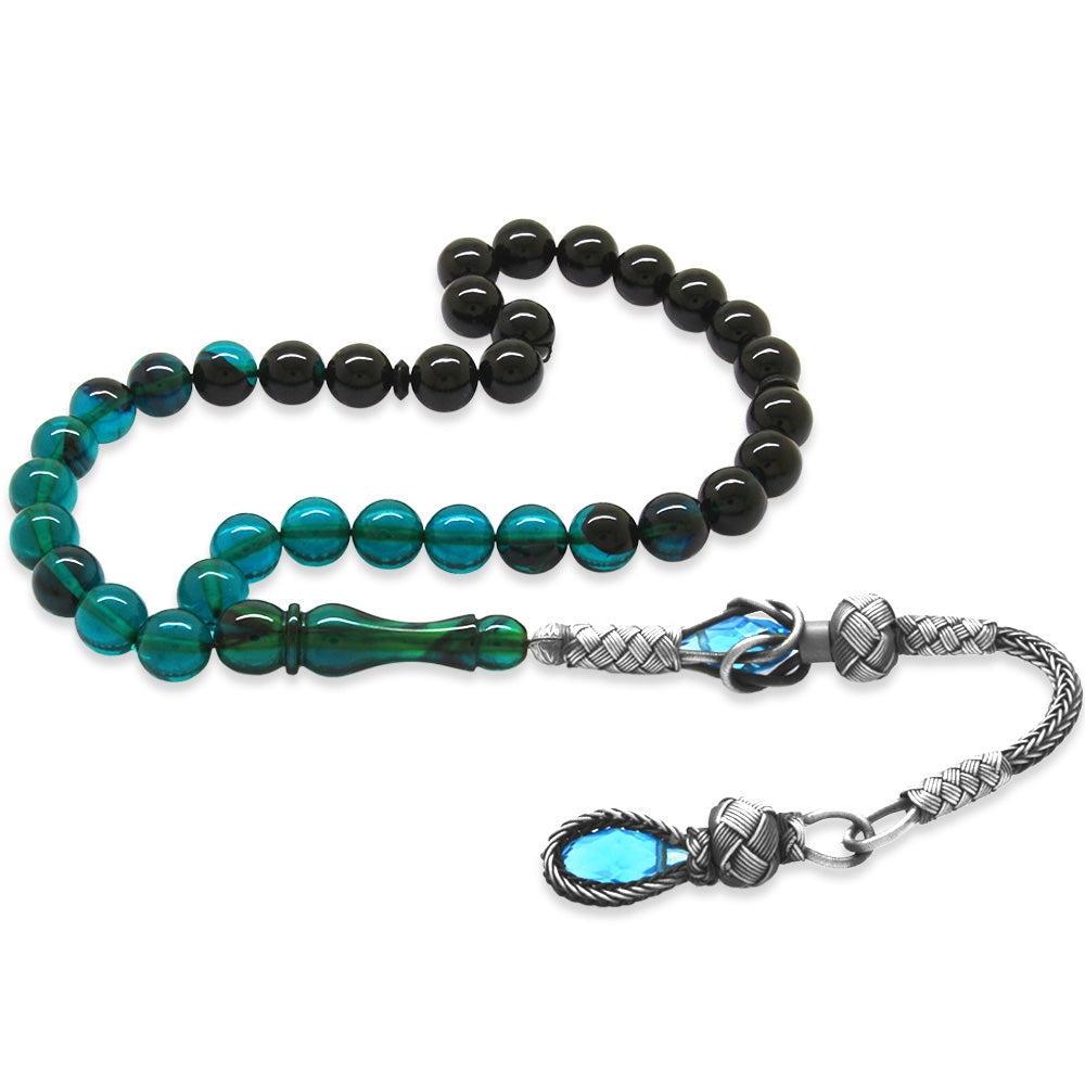 1000 Sterling Silver Kazaz Tasseled Sphere Cut Filtered Turquoise-Black Fire Amber Rosary