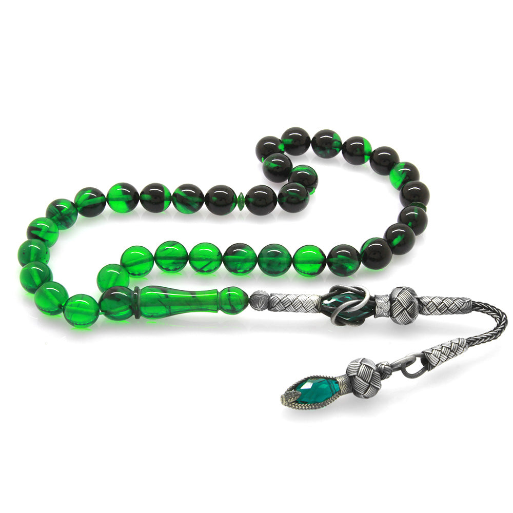1000 Sterling Silver Sphere Cut Filtered Green-Black Fire Amber Rosary with Kazaz Tassels