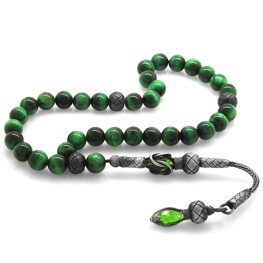 1000 Sterling Silver Kazaz Tasseled Sphere Cut Green Tiger&#39;s Eye Natural Stone Prayer Beads