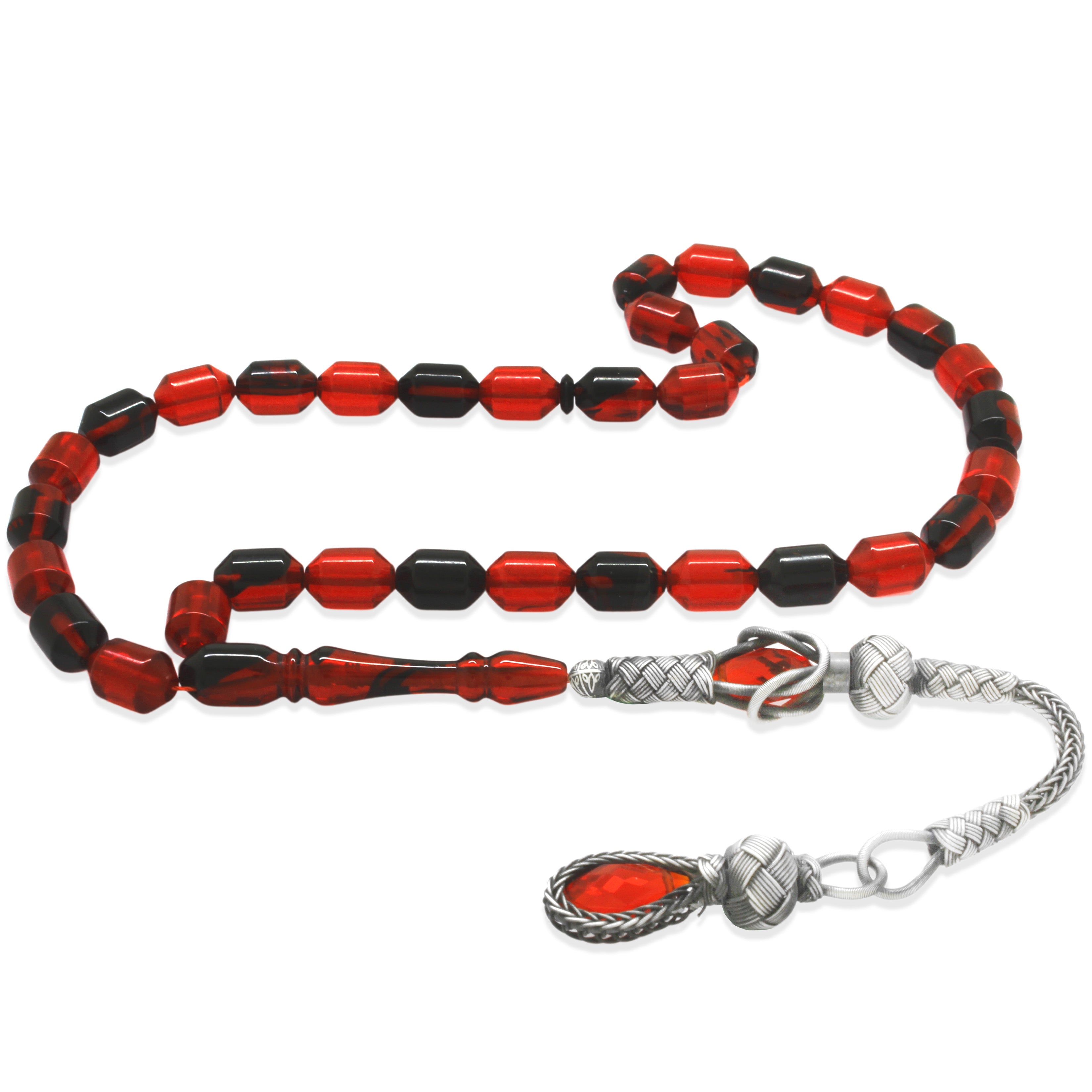 1000 Sterling Silver Kazaz Tasseled End Capsule Cut Red-Black Fire Amber Rosary