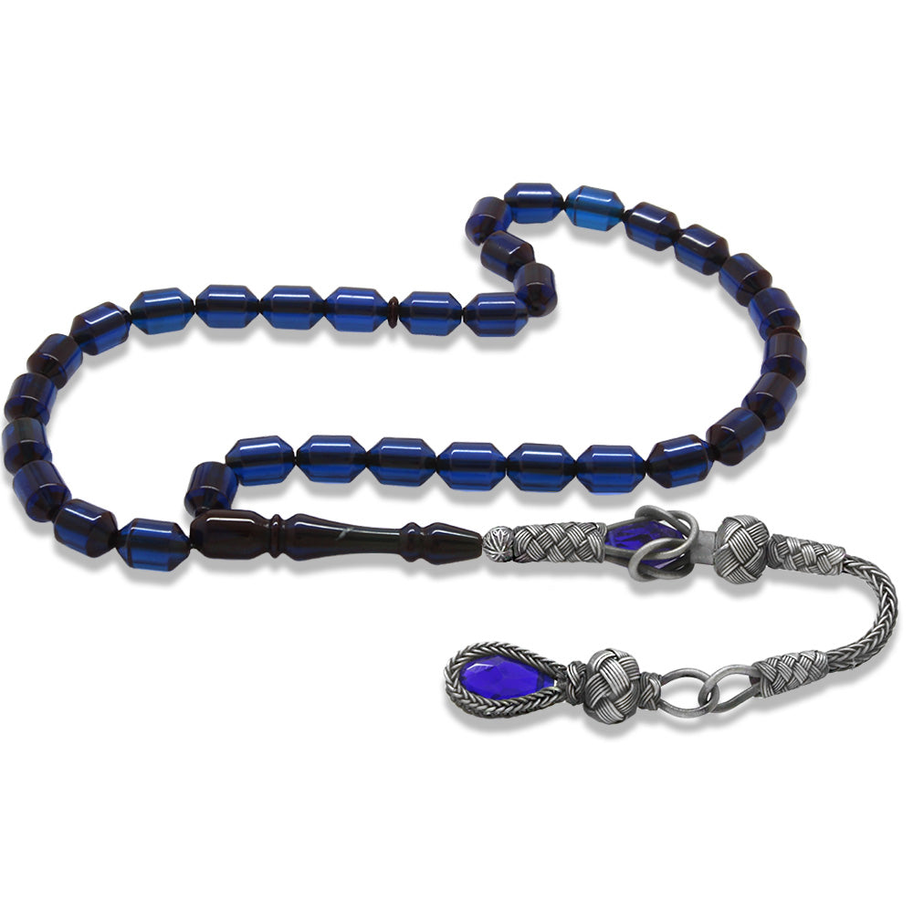 1000 Sterling Silver Kazaz Tassel Ended Capsule Cut Dark Navy Blue Squeezed Amber Prayer Beads