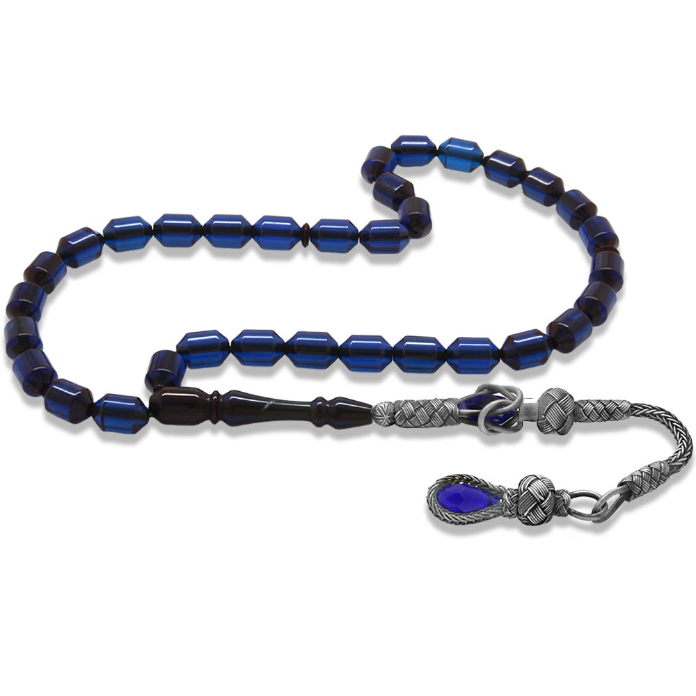 1000 Sterling Silver Kazaz Tasseled End Capsule Cut Dark Blue Crimped Amber Prayer Beads