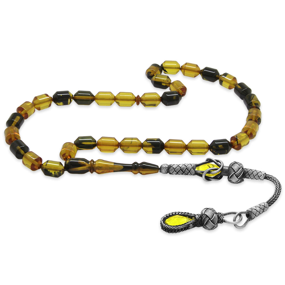 1000 Sterling Silver Kazaz Tasseled End Capsule Cut Yellow-Black Fire Amber Rosary