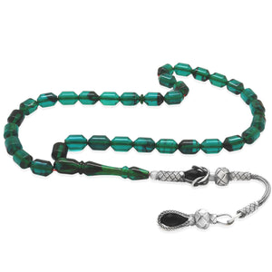 1000 Sterling Silver Kazaz Tasseled End Capsule Cut Turquoise-Black Fire Amber Rosary