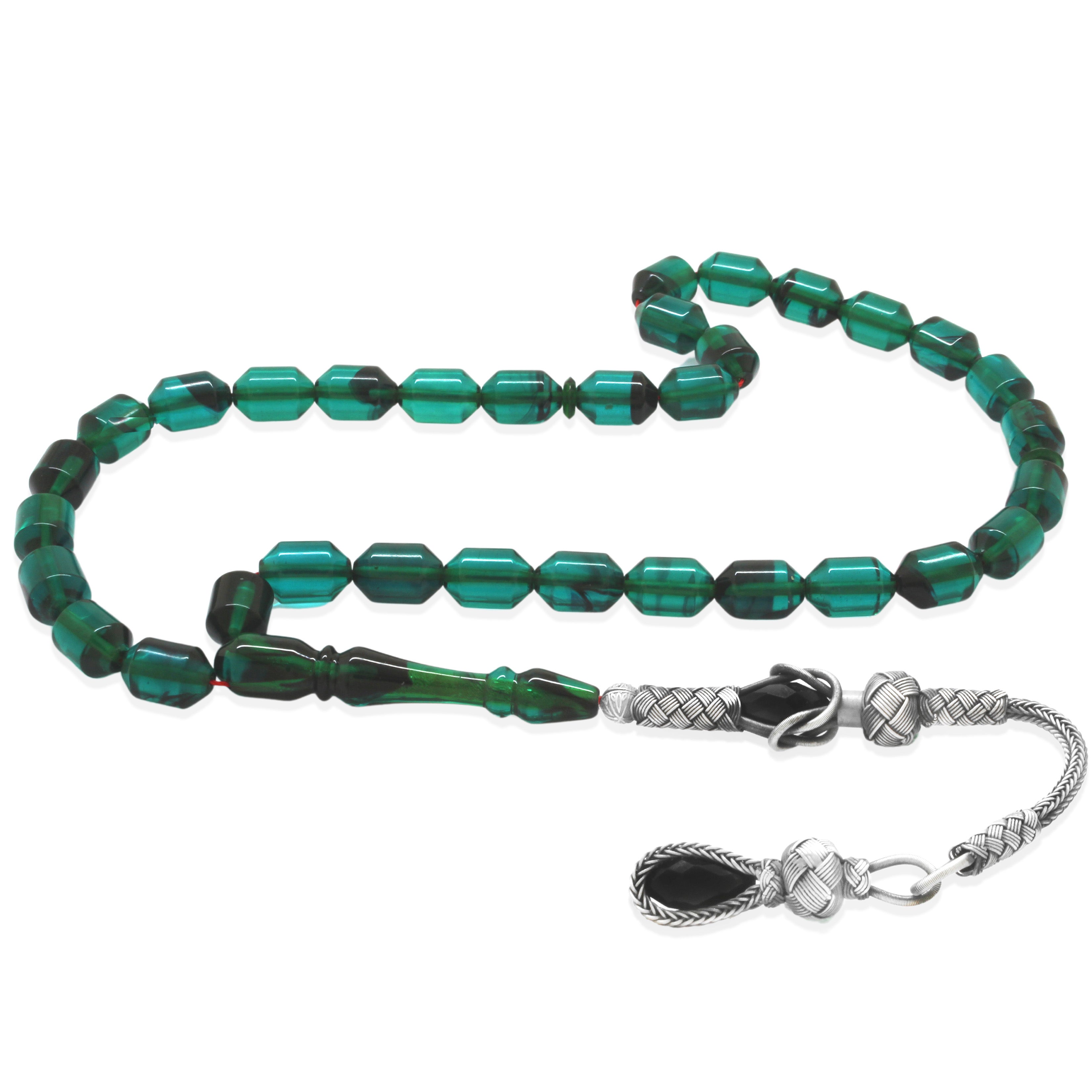 1000 Sterling Silver Kazaz Tasseled End Capsule Cut Turquoise-Black Fire Amber Rosary