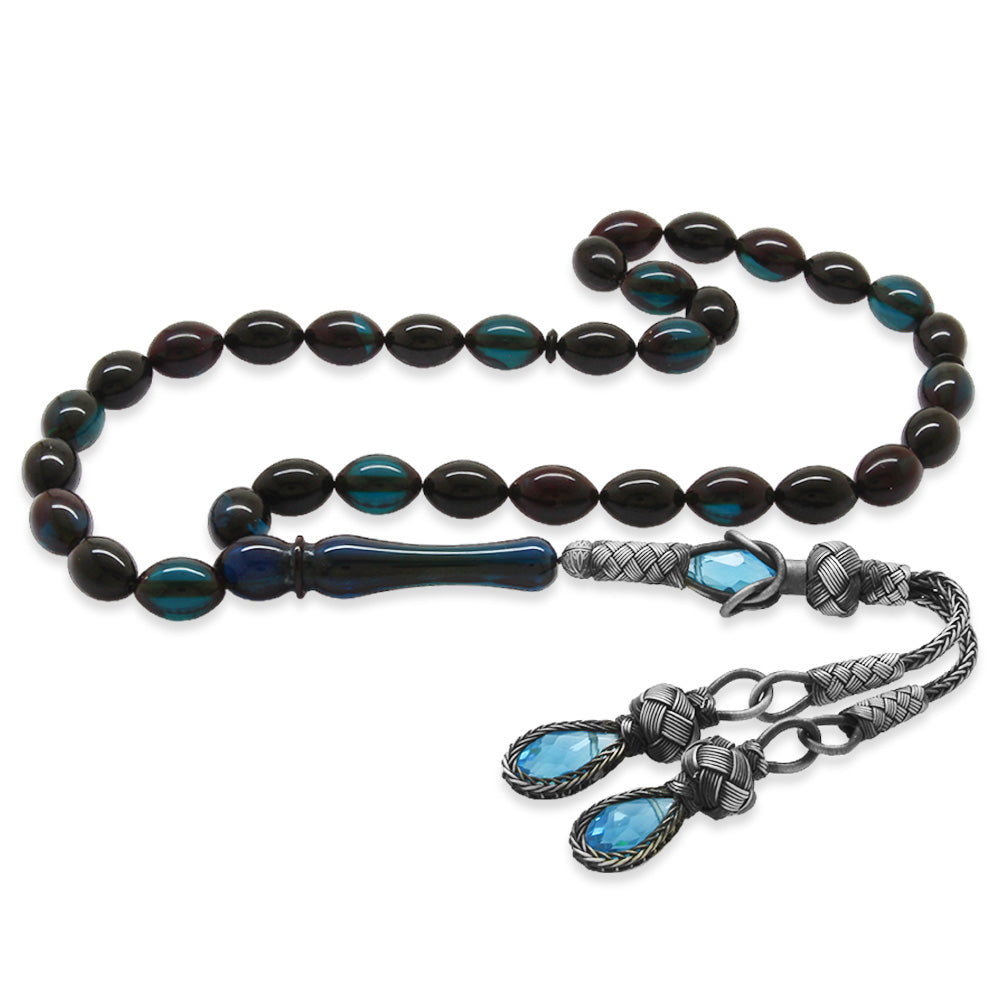 1000 Sterling Silver Kazaz Tasseled Barley Cut Turquoise-Black Fire Amber Rosary