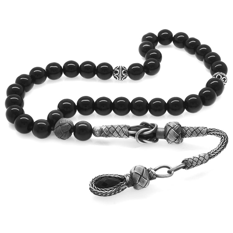Onyx Natural Stone Prayer Beads with 1000 Sterling Silver Tassels