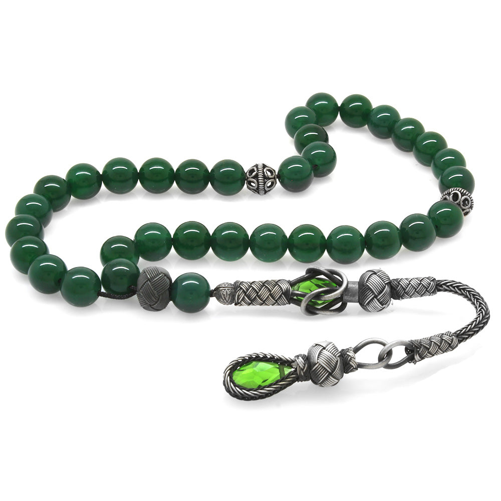 1000 Sterling Silver Kazaz Tasseled Sphere Cut Green Agate Natural Stone Prayer Beads