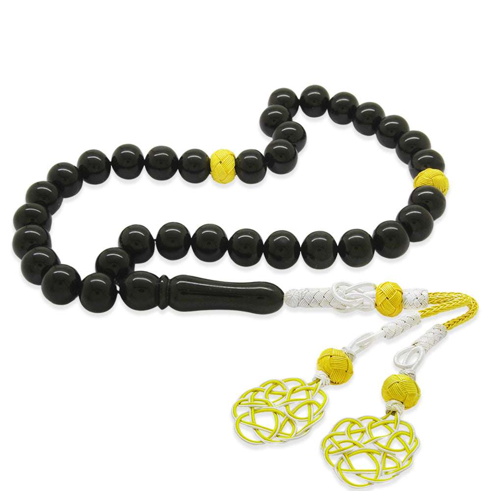 1000 Sterling Silver Yellow-White Kazaz Tasseled Erzurum Oltu Stone Prayer Beads
