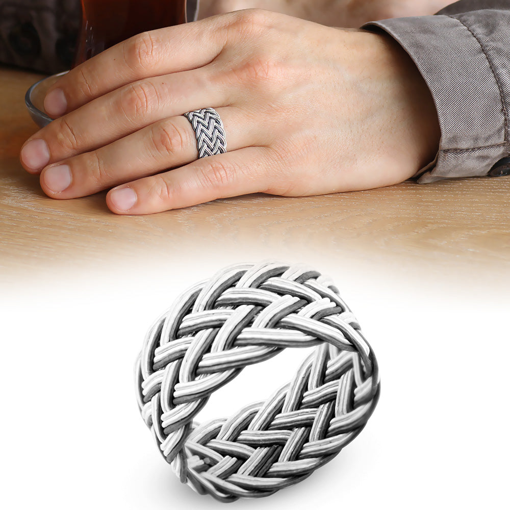 White-Black 1000 Sterling Silver Trabzon Hand Knitted Kazaz Ring