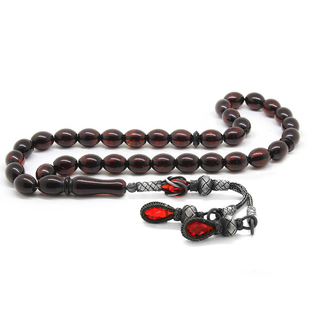 1000 Sterling Silver Tasseled Red Drop Amber Rosary