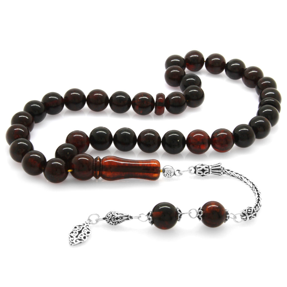 925 Sterling Silver Tasseled Dark Red Drop Amber Rosary 2
