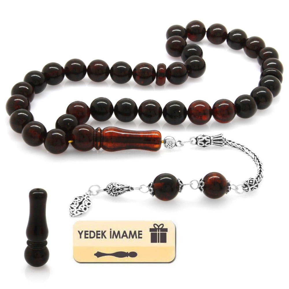 925 Sterling Silver Tasseled Dark Red Drop Amber Rosary