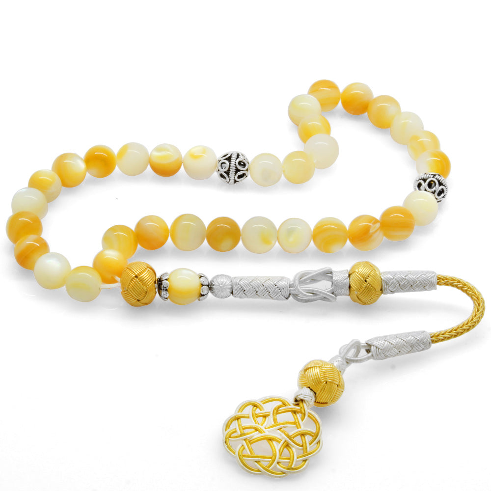 Silver Kazaz Tasseled Yellow Mother of Pearl Stone Rosary