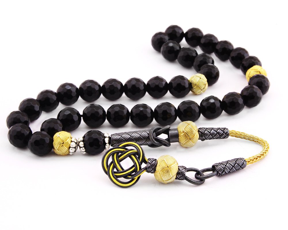 1000 Sterling Silver Tasseled Yellow-Black Onyx Stone Rosary
