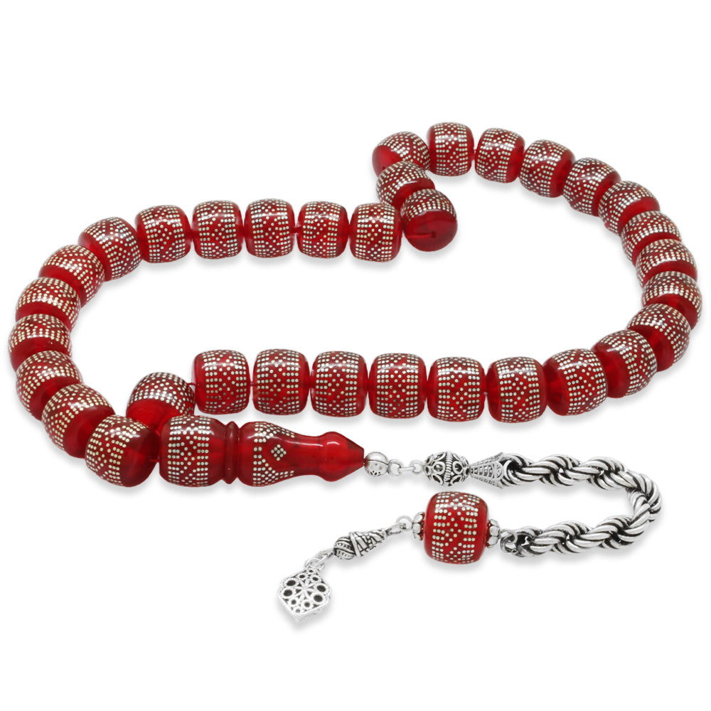 10.120 Pieces of Silver Stud Embroidered Rope Tassels Wheel Cut Red Fire Amber Rosary