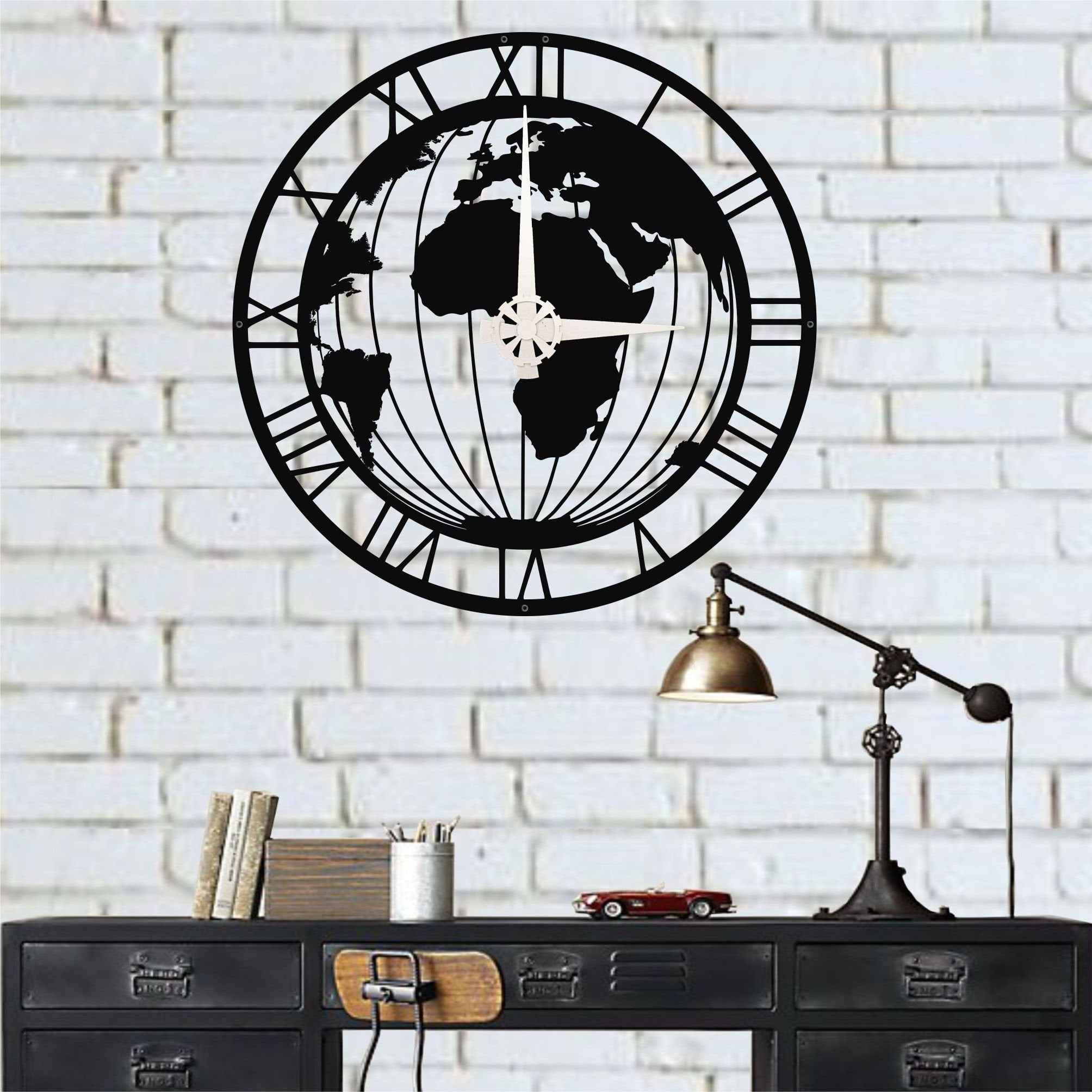 Metal Wall Clock with World Map